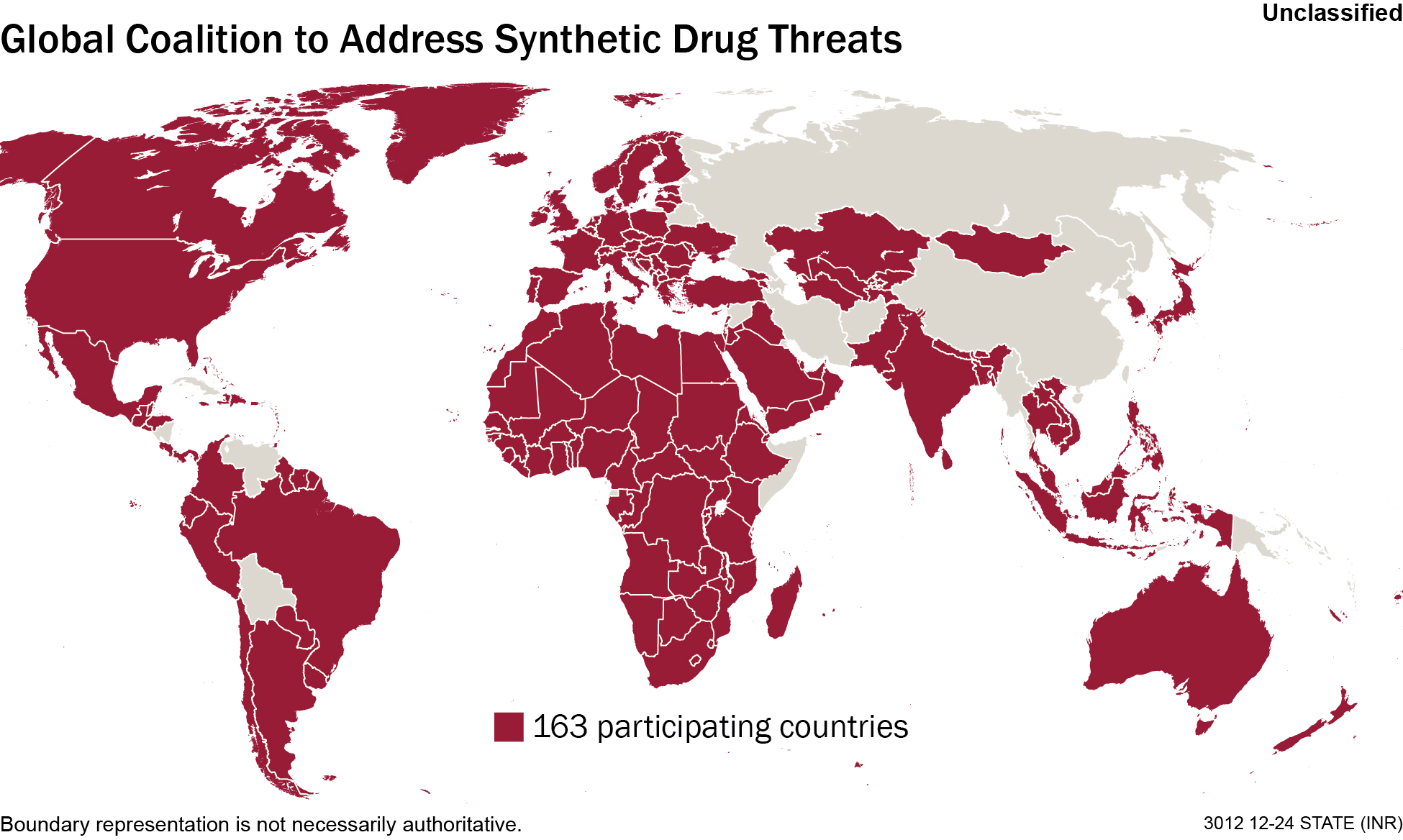 Map showing countries participating in the Global Coalition. 163 countries are colored.