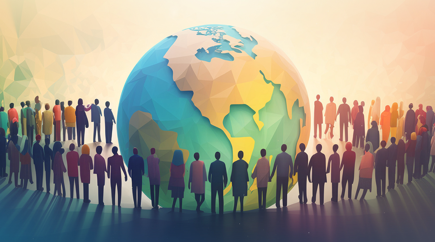 An illustration of large group of people standing around the world in a circle. Some of them are holding hands or supporting each other.